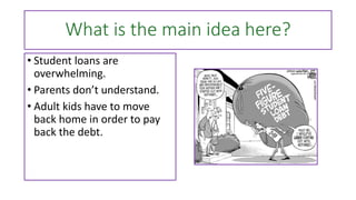 What is the main idea here?
• Student loans are
overwhelming.
• Parents don’t understand.
• Adult kids have to move
back home in order to pay
back the debt.
 