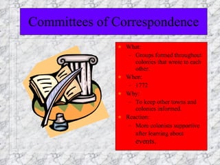Committees of Correspondence What:  Groups formed throughout colonies that wrote to each other. When:  1772 Why: To keep other towns and colonies informed. Reaction:  More colonists supportive after learning about  events. 