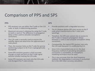 Comparison of PPS and SPS
PPS SPS
 PPS receivers can use either the P code or the C/A
code, or both, in determining position.
 Maximum accuracy is obtained by using the P code
on both L1 and L2. The difference in propagation
delay is then used to calculate ionospheric
corrections.
 The C/A code is normally used to acquire the
satellite signal and determine the approximate P
code phase.
 Then, the receiver locks on the P code for precise
positioning (subject to SA if not cryptographically
equipped).
 Some PPS receivers possess a clock accurate
enough to track and lock on the P code signal
without initially tracking the C/A code.
 Some PPS receivers can track only the C/A code
and disregard the P code entirely.
 Provide positions with a degraded accuracy.
 The A-S feature denies SPS users access to the P
code when transformed to the Y code (anti-
spoofing).
 Therefore, the SPS user cannot rely on access to
the P code to measure propagation delays
between L1 and L2 and compute ionospheric delay
corrections.
 Consequently, the typical SPS receiver uses only
the C/A code because it is unaffected by A-S.
 Since C/A is transmitted only on L1, the dual
frequency method of calculating ionospheric
corrections is unavailable; an ionospheric
modeling technique must be used.
 This is less accurate than the dual frequency
method; this degradation in accuracy is accounted
for in the 100 meter accuracy calculation.
 