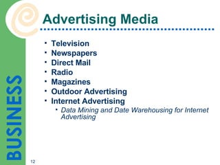 Advertising Media Television Newspapers Direct Mail Radio Magazines Outdoor Advertising Internet Advertising Data Mining and Date Warehousing for Internet Advertising 