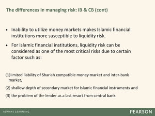 The differences in managing risk: IB & CB (cont)
• Inability to utilize money markets makes Islamic financial
institutions more susceptible to liquidity risk.
• For Islamic financial institutions, liquidity risk can be
considered as one of the most critical risks due to certain
factor such as:
(1)limited liability of Shariah compatible money market and inter-bank
market,
(2) shallow depth of secondary market for Islamic financial instruments and
(3) the problem of the lender as a last resort from central bank.
 