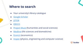 Where to search
● Your university’s library catalogue
● Google Scholar
● JSTOR
● EBSCO
● Project Muse (humanities and social sciences)
● Medline (life sciences and biomedicine)
● EconLit (economics)
● Inspec (physics, engineering and computer science)
 