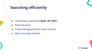 Searching efficiently
● Use boolean operators (AND, OR, NOT)
● Read abstracts
● Check bibliographies for more sources
● Note recurring citations
 