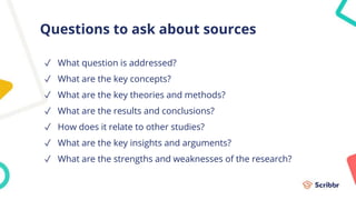 Questions to ask about sources
✓ What question is addressed?
✓ What are the key concepts?
✓ What are the key theories and methods?
✓ What are the results and conclusions?
✓ How does it relate to other studies?
✓ What are the key insights and arguments?
✓ What are the strengths and weaknesses of the research?
 