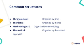 Common structures
● Chronological: Organize by time
● Thematic: Organize by theme
● Methodological: Organize by methodology
● Theoretical: Organize by theoretical
approach
 