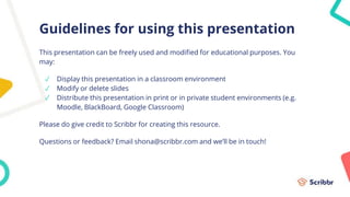 Guidelines for using this presentation
This presentation can be freely used and modified for educational purposes. You
may:
✓ Display this presentation in a classroom environment
✓ Modify or delete slides
✓ Distribute this presentation in print or in private student environments (e.g.
Moodle, BlackBoard, Google Classroom)
Please do give credit to Scribbr for creating this resource.
Questions or feedback? Email shona@scribbr.com and we’ll be in touch!
 