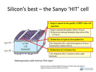 Silicon’s best – the Sanyo ‘HIT’ cell 
‘Heterojunction with Intrinsic Thin layer’ 
http://us.sanyo.com/News/SANYO-Develops-HIT-Solar-Cells-with-World-s- 
Highest-Energy-Conversion-Efficiency-of-23-0- 
 