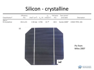 Silicon - crystalline 
Pic from 
Miles 2007 
 