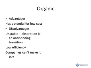 Organic 
• Advantages 
Has potential for low cost 
• Disadvantages 
Unstable – absorption is 
an antibonding 
transition 
Low efficiency 
Companies can’t make it 
pay 
 
