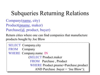 Subqueries Returning Relations
SELECT Company.city
FROM Company
WHERE Company.name IN
(SELECT Product.maker
FROM Purchase , Product
WHERE Product.pname=Purchase.product
AND Purchase .buyer = ‘Joe Blow‘);
Return cities where one can find companies that manufacture
products bought by Joe Blow
Company(name, city)
Product(pname, maker)
Purchase(id, product, buyer)
 