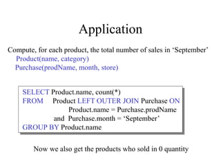 Application
Compute, for each product, the total number of sales in ‘September’
Product(name, category)
Purchase(prodName, month, store)
SELECT Product.name, count(*)
FROM Product LEFT OUTER JOIN Purchase ON
Product.name = Purchase.prodName
and Purchase.month = ‘September’
GROUP BY Product.name
Now we also get the products who sold in 0 quantity
 