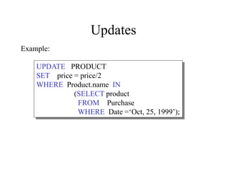 Updates
UPDATE PRODUCT
SET price = price/2
WHERE Product.name IN
(SELECT product
FROM Purchase
WHERE Date =‘Oct, 25, 1999’);
Example:
 