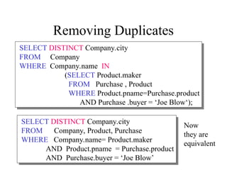 Removing Duplicates
Now
they are
equivalent
SELECT DISTINCT Company.city
FROM Company
WHERE Company.name IN
(SELECT Product.maker
FROM Purchase , Product
WHERE Product.pname=Purchase.product
AND Purchase .buyer = ‘Joe Blow‘);
SELECT DISTINCT Company.city
FROM Company, Product, Purchase
WHERE Company.name= Product.maker
AND Product.pname = Purchase.product
AND Purchase.buyer = ‘Joe Blow’
 