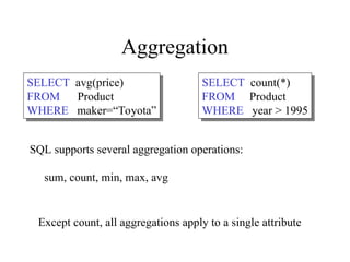 Aggregation
SELECT count(*)
FROM Product
WHERE year > 1995
Except count, all aggregations apply to a single attribute
SELECT avg(price)
FROM Product
WHERE maker=“Toyota”
SQL supports several aggregation operations:
sum, count, min, max, avg
 
