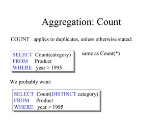 COUNT applies to duplicates, unless otherwise stated:
SELECT Count(category)
FROM Product
WHERE year > 1995
same as Count(*)
We probably want:
SELECT Count(DISTINCT category)
FROM Product
WHERE year > 1995
Aggregation: Count
 