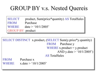GROUP BY v.s. Nested Quereis
SELECT product, Sum(price*quantity) AS TotalSales
FROM Purchase
WHERE date > ‘10/1/2005’
GROUP BY product
SELECT DISTINCT x.product, (SELECT Sum(y.price*y.quantity)
FROM Purchase y
WHERE x.product = y.product
AND y.date > ‘10/1/2005’)
AS TotalSales
FROM Purchase x
WHERE x.date > ‘10/1/2005’
 