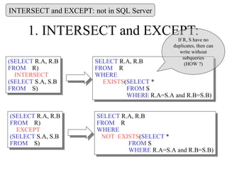 1. INTERSECT and EXCEPT:
(SELECT R.A, R.B
FROM R)
INTERSECT
(SELECT S.A, S.B
FROM S)
SELECT R.A, R.B
FROM R
WHERE
EXISTS(SELECT *
FROM S
WHERE R.A=S.A and R.B=S.B)
(SELECT R.A, R.B
FROM R)
EXCEPT
(SELECT S.A, S.B
FROM S)
SELECT R.A, R.B
FROM R
WHERE
NOT EXISTS(SELECT *
FROM S
WHERE R.A=S.A and R.B=S.B)
If R, S have no
duplicates, then can
write without
subqueries
(HOW ?)
INTERSECT and EXCEPT: not in SQL Server
 