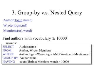 3. Group-by v.s. Nested Query
Find authors with vocabulary  10000
words:
SELECT Author.name
FROM Author, Wrote, Mentions
WHERE Author.login=Wrote.login AND Wrote.url=Mentions.url
GROUP BY Author.name
HAVING count(distinct Mentions.word) > 10000
Author(login,name)
Wrote(login,url)
Mentions(url,word)
 