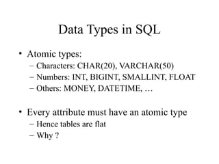 Data Types in SQL
• Atomic types:
– Characters: CHAR(20), VARCHAR(50)
– Numbers: INT, BIGINT, SMALLINT, FLOAT
– Others: MONEY, DATETIME, …
• Every attribute must have an atomic type
– Hence tables are flat
– Why ?
 