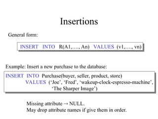 Insertions
General form:
Missing attribute  NULL.
May drop attribute names if give them in order.
INSERT INTO R(A1,…., An) VALUES (v1,…., vn)
INSERT INTO Purchase(buyer, seller, product, store)
VALUES (‘Joe’, ‘Fred’, ‘wakeup-clock-espresso-machine’,
‘The Sharper Image’)
Example: Insert a new purchase to the database:
 