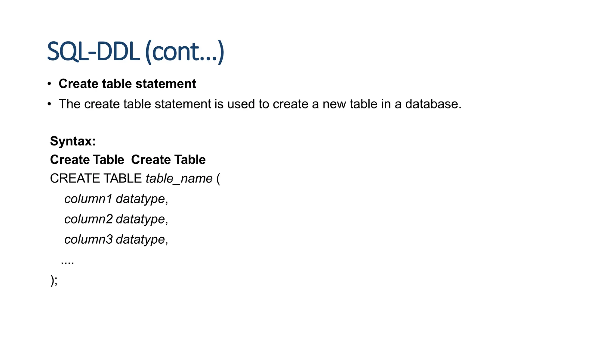 SQL-DDL (cont…)
• Create table statement
• The create table statement is used to create a new table in a database.
Syntax:
Create Table Create Table
CREATE TABLE table_name (
column1 datatype,
column2 datatype,
column3 datatype,
....
);
 