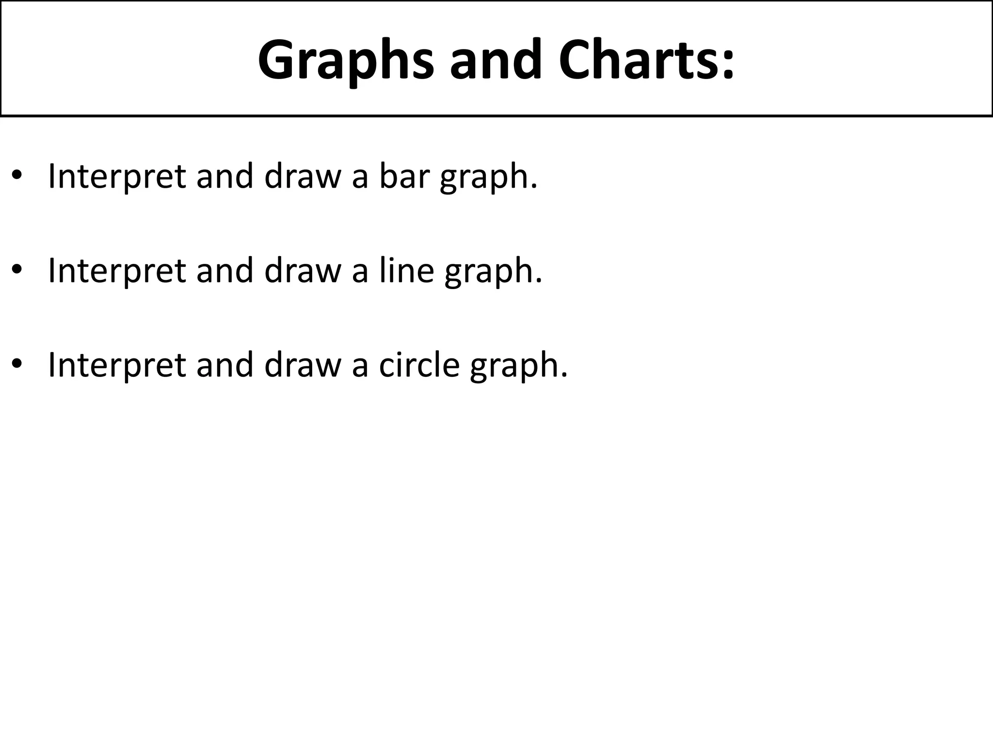 Graphs and Charts:
• Interpret and draw a bar graph.
• Interpret and draw a line graph.
• Interpret and draw a circle graph.
 