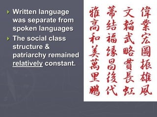  Written language 
was separate from 
spoken languages 
 The social class 
structure & 
patriarchy remained 
relatively constant. 
 
