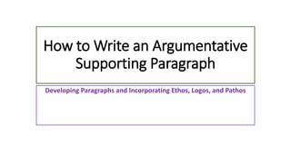 How to Write an Argumentative
Supporting Paragraph
Developing Paragraphs and Incorporating Ethos, Logos, and Pathos
 