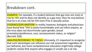 Breakdown cont.
EXAMPLE: For example, if a student believes that gay men are most at
risk for HIV and he does not identify as a gay man, then he may believe
that he is at a low risk for HIV even if he is sexually active.
EVIDENCE/EXPLANATION: In reality, however, biologists and physicians
have found that “HIV is easily transmittable and can infect anyone, as
the virus does not discriminate upon gender, sexual
orientation/preference, race, socioeconomic status, or religion”
(Burnett 326).
ANALYSIS/REFERENCE TO THESIS: Ultimately, it’s important to recognize
that such stereotypes can influence our risk assessment regardless of
our behavior, but more comprehensive education might help college
students realize that anyone who engages in unsafe sex is at risk.
 