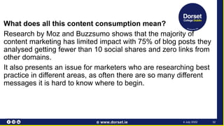 What does all this content consumption mean?
Research by Moz and Buzzsumo shows that the majority of
content marketing has limited impact with 75% of blog posts they
analysed getting fewer than 10 social shares and zero links from
other domains.
It also presents an issue for marketers who are researching best
practice in different areas, as often there are so many different
messages it is hard to know where to begin.
32
4 July 2022
 