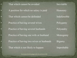 • That which cannot be avoided Inevitable
• A position for which no salary is paid Honorary
• That which cannot be defended Indefensible
• Practice of having several wives Polygamy
• Practice of having several husbands Polyandry
• Practice of having one wife or husband Monogamy
• Practice of having two wives or husbands Bigamy
• That which is not likely to happen Improbable
doctorparulmishra@ggnindia.dronacharya.info
 