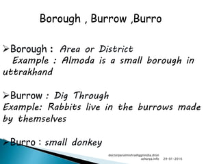 Borough : Area or District
Example : Almoda is a small borough in
uttrakhand
Burrow : Dig Through
Example: Rabbits live in the burrows made
by themselves
Burro : small donkey
Borough , Burrow ,Burro
29-01-2016
doctorparulmishra@ggnindia.dron
acharya.info
 