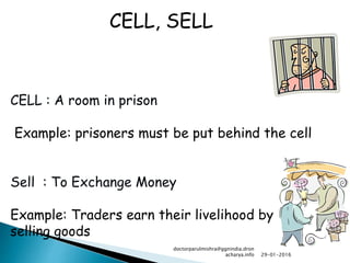 CELL : A room in prison
Example: prisoners must be put behind the cell
Sell : To Exchange Money
Example: Traders earn their livelihood by
selling goods
CELL, SELL
29-01-2016
doctorparulmishra@ggnindia.dron
acharya.info
 