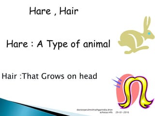 Hair :That Grows on head
Hare : A Type of animal
Hare , Hair
29-01-2016
doctorparulmishra@ggnindia.dron
acharya.info
 
