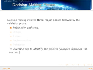 Motivation Phases Implementation
Decision Making PhasesDecision Making PhasesDecision Making PhasesDecision Making PhasesDecision Making PhasesDecision Making PhasesDecision Making PhasesDecision Making PhasesDecision Making PhasesDecision Making PhasesDecision Making PhasesDecision Making PhasesDecision Making PhasesDecision Making PhasesDecision Making PhasesDecision Making PhasesDecision Making Phases
Decision making involves three major phases followed by the
validation phase:
Information gathering,
Design,
Choice,
Implementation,
Validation.
To examine and to identify the problem (variables, functions, val-
ues, etc.).
GG | A.I. 4/26
 