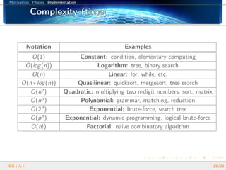 Motivation Phases Implementation
Complexity (time)Complexity (time)Complexity (time)Complexity (time)Complexity (time)Complexity (time)Complexity (time)Complexity (time)Complexity (time)Complexity (time)Complexity (time)Complexity (time)Complexity (time)Complexity (time)Complexity (time)Complexity (time)Complexity (time)
Notation Examples
O(1) Constant: condition, elementary computing
O(log(n)) Logarithm: tree, binary search
O(n) Linear: for, while, etc.
O(n ∗log(n)) Quasilinear: quicksort, mergesort, tree search
O(n²) Quadratic: multiplying two n-digit numbers, sort, matrix
O(np) Polynomial: grammar, matching, reduction
O(2n) Exponential: brute-force, search tree
O(pn) Exponential: dynamic programming, logical brute-force
O(n!) Factorial: naive combinatory algorithm
GG | A.I. 25/26
 