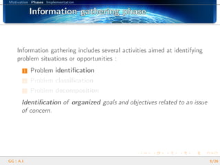 Motivation Phases Implementation
Information gathering phaseInformation gathering phaseInformation gathering phaseInformation gathering phaseInformation gathering phaseInformation gathering phaseInformation gathering phaseInformation gathering phaseInformation gathering phaseInformation gathering phaseInformation gathering phaseInformation gathering phaseInformation gathering phaseInformation gathering phaseInformation gathering phaseInformation gathering phaseInformation gathering phase
Information gathering includes several activities aimed at identifying
problem situations or opportunities :
1 Problem identiﬁcation
2 Problem classiﬁcation
3 Problem decomposition
Identiﬁcation of organized goals and objectives related to an issue
of concern.
GG | A.I. 5/26
 