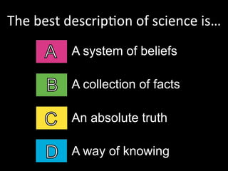 The	
  best	
  descripGon	
  of	
  science	
  is…	
  
A system of beliefs
A collection of facts
An absolute truth
A way of knowing
 