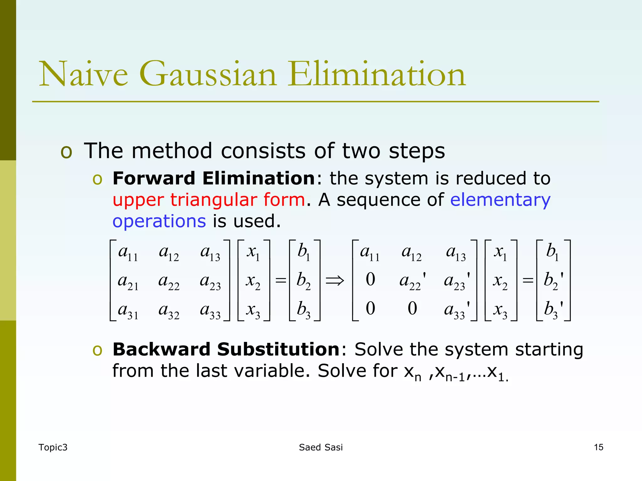 Topic3 Saed Sasi 15
Naive Gaussian Elimination
o The method consists of two steps
o Forward Elimination: the system is reduced to
upper triangular form. A sequence of elementary
operations is used.
o Backward Substitution: Solve the system starting
from the last variable. Solve for xn ,xn-1,…x1.































































'
'
'
0
0
'
'
0
3
2
1
3
2
1
33
23
22
13
12
11
3
2
1
3
2
1
33
32
31
23
22
21
13
12
11
b
b
b
x
x
x
a
a
a
a
a
a
b
b
b
x
x
x
a
a
a
a
a
a
a
a
a
 