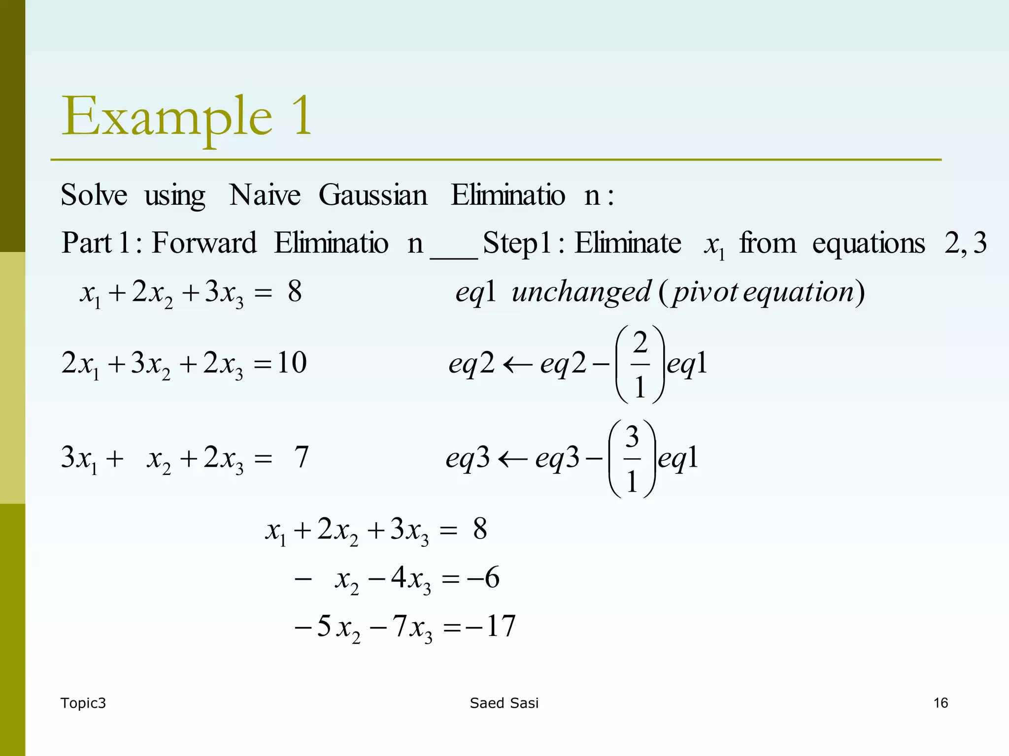 Topic3 Saed Sasi 16
Example 1
17
7
5
6
4
8
3
2
1
1
3
3
3
7
2
3
1
1
2
2
2
10
2
3
2
)
(
1
8
3
2
3
,
2
equations
from
Eliminate
:
Step1
___
n
Eliminatio
Forward
:
1
Part
:
n
Eliminatio
Gaussian
Naive
using
Solve
3
2
3
2
3
2
1
3
2
1
3
2
1
3
2
1
1




































x
x
x
x
x
x
x
eq
eq
eq
x
x
x
eq
eq
eq
x
x
x
equation
pivot
unchanged
eq
x
x
x
x
 