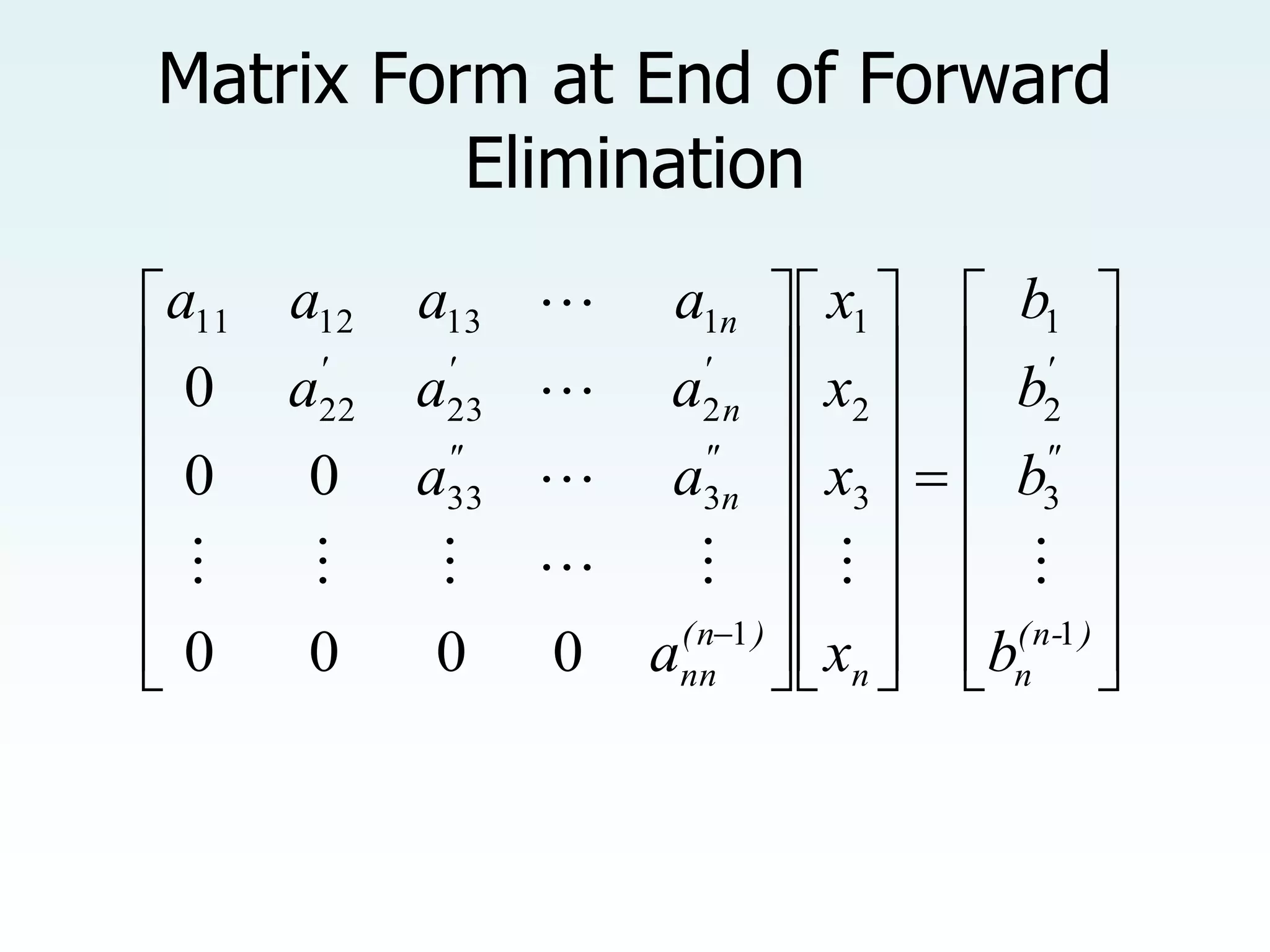 Matrix Form at End of Forward
Elimination

















































 )
(n-
n
"
'
n
)
(n
nn
"
n
"
'
n
'
'
n
b
b
b
b
x
x
x
x
a
a
a
a
a
a
a
a
a
a
1
3
2
1
3
2
1
1
3
33
2
23
22
1
13
12
11
0
0
0
0
0
0
0










 