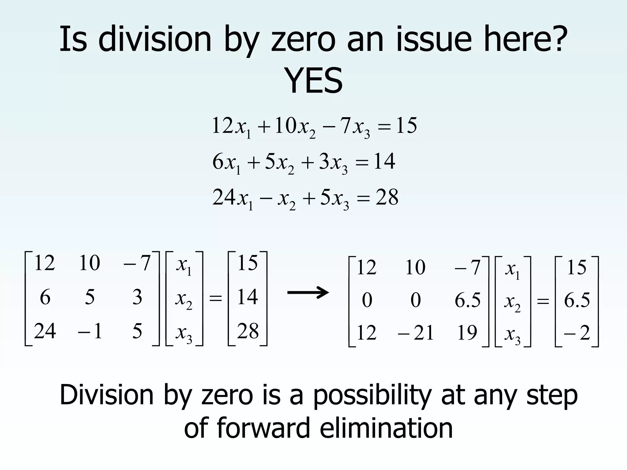 Is division by zero an issue here?
YES
28
5
24
14
3
5
6
15
7
10
12
3
2
1
3
2
1
3
2
1









x
x
x
x
x
x
x
x
x

































28
14
15
5
1
24
3
5
6
7
10
12
3
2
1
x
x
x


































2
5
.
6
15
19
21
12
5
.
6
0
0
7
10
12
3
2
1
x
x
x
Division by zero is a possibility at any step
of forward elimination
 