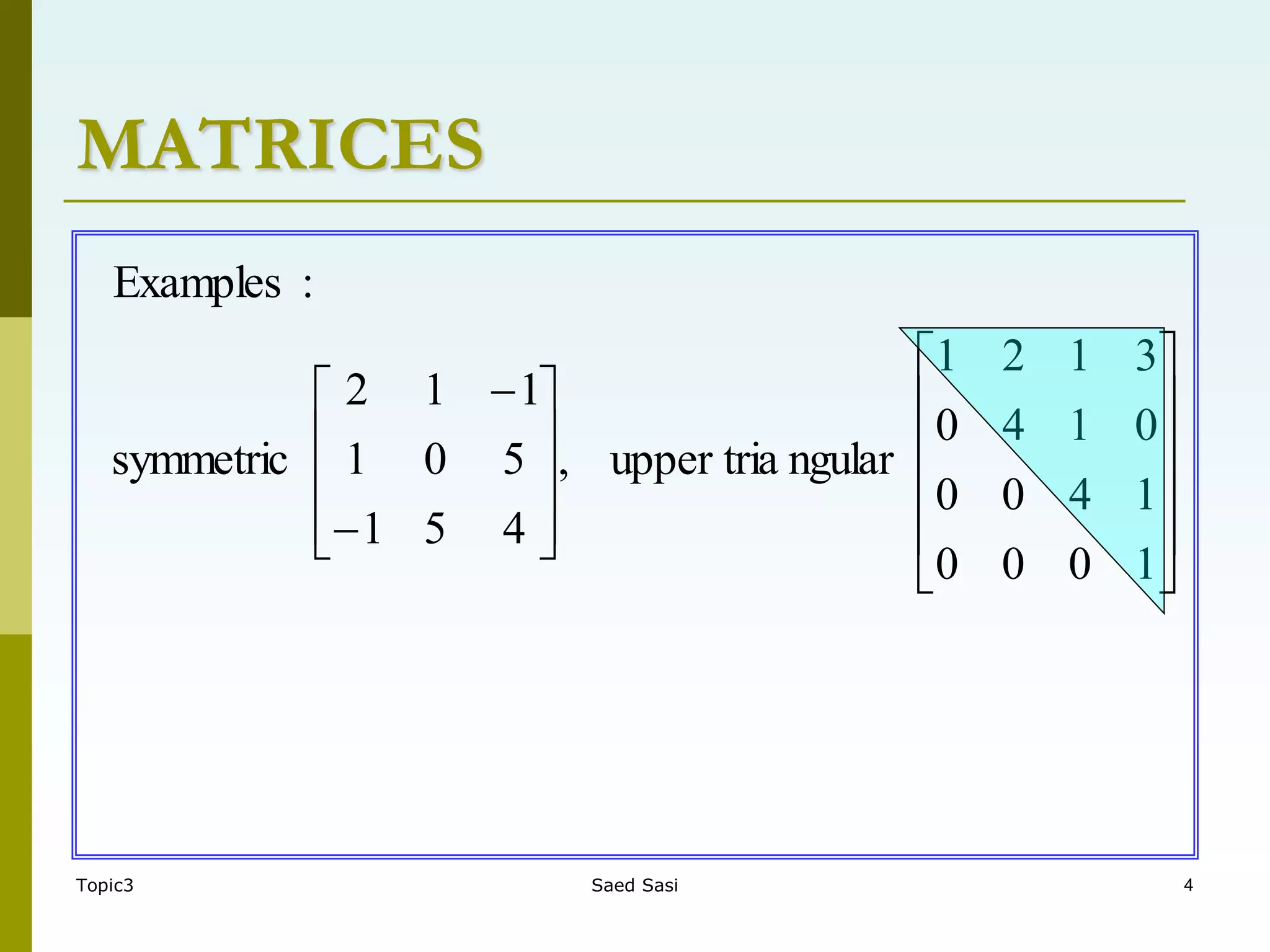 Topic3 Saed Sasi 4
MATRICES
























1
0
0
0
1
4
0
0
0
1
4
0
3
1
2
1
ngular
upper tria
,
4
5
1
5
0
1
1
1
2
symmetric
:
Examples
 