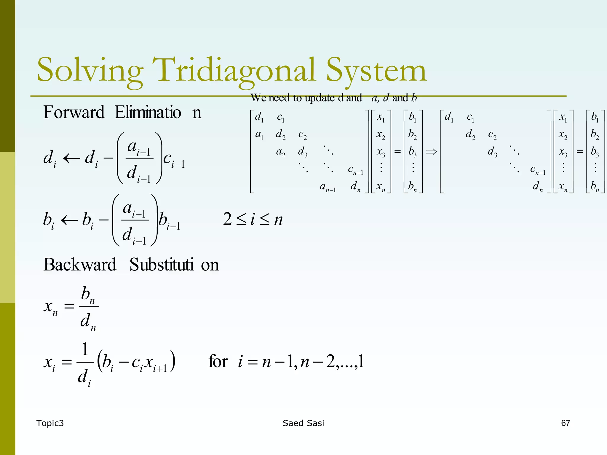 Topic3 Saed Sasi 67
Solving Tridiagonal System
  1
,...,
2
,
1
for
1
on
Substituti
Backward
2
n
Eliminatio
Forward
1
1
1
1
1
1
1



































n
n
i
x
c
b
d
x
d
b
x
n
i
b
d
a
b
b
c
d
a
d
d
i
i
i
i
i
n
n
n
i
i
i
i
i
i
i
i
i
i






































































































n
n
n
n
n
n
n
n
n
b
b
b
b
x
x
x
x
d
c
d
c
d
c
d
b
b
b
b
x
x
x
x
d
a
c
d
a
c
d
a
c
d
b
a, d








 3
2
1
3
2
1
1
3
2
2
1
1
3
2
1
3
2
1
1
1
3
2
2
2
1
1
1
and
and
d
update
to
need
We
 