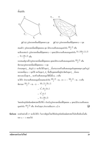 F F 29
:
F k F F ก k(k - 3)
2 F
F F k + 1 F F ก (k + 1)((k + 1) - 3)
2
= (k + 1)(k - 2)
2 F
ก F k F F ก k(k - 3)
2 F
k + 1
ก Pk + 1 3.3 F F Pk + 1 F F ก ก
k + 1 F ก F P1, Pk ˈ F ก Pk + 1
Pk + 1 F F F k 2 F
F F F F ก k(k - 3)
2 + (k 2) + 1 = k(k - 3)
2 + (k 1) F
k(k - 3)
2 + (k 1) = k(k - 3) + 2(k - 1)
2
=
2
k - 3k + 2k - 2
2
=
2
k - k - 2
2
= (k + 1)(k - 2)
2
ก F F F n F
F ก n(n - 3)
2 F ก ก n ≥ 4
F ก ก F 3.7 F F ก F F ก F F ˈ F F
ก n = 1
P1
P2
P3Pk 1
P4
Pk
3.2 k
P1
P2
P3Pk 1
P4
Pk
Pk + 1
3.3 k + 1
 
