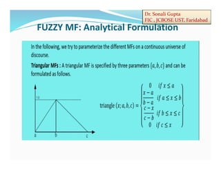 Dr. Sonali Gupta
FIC , JCBOSE UST, Faridabad
FUZZY MF: Analytical Formulation
 