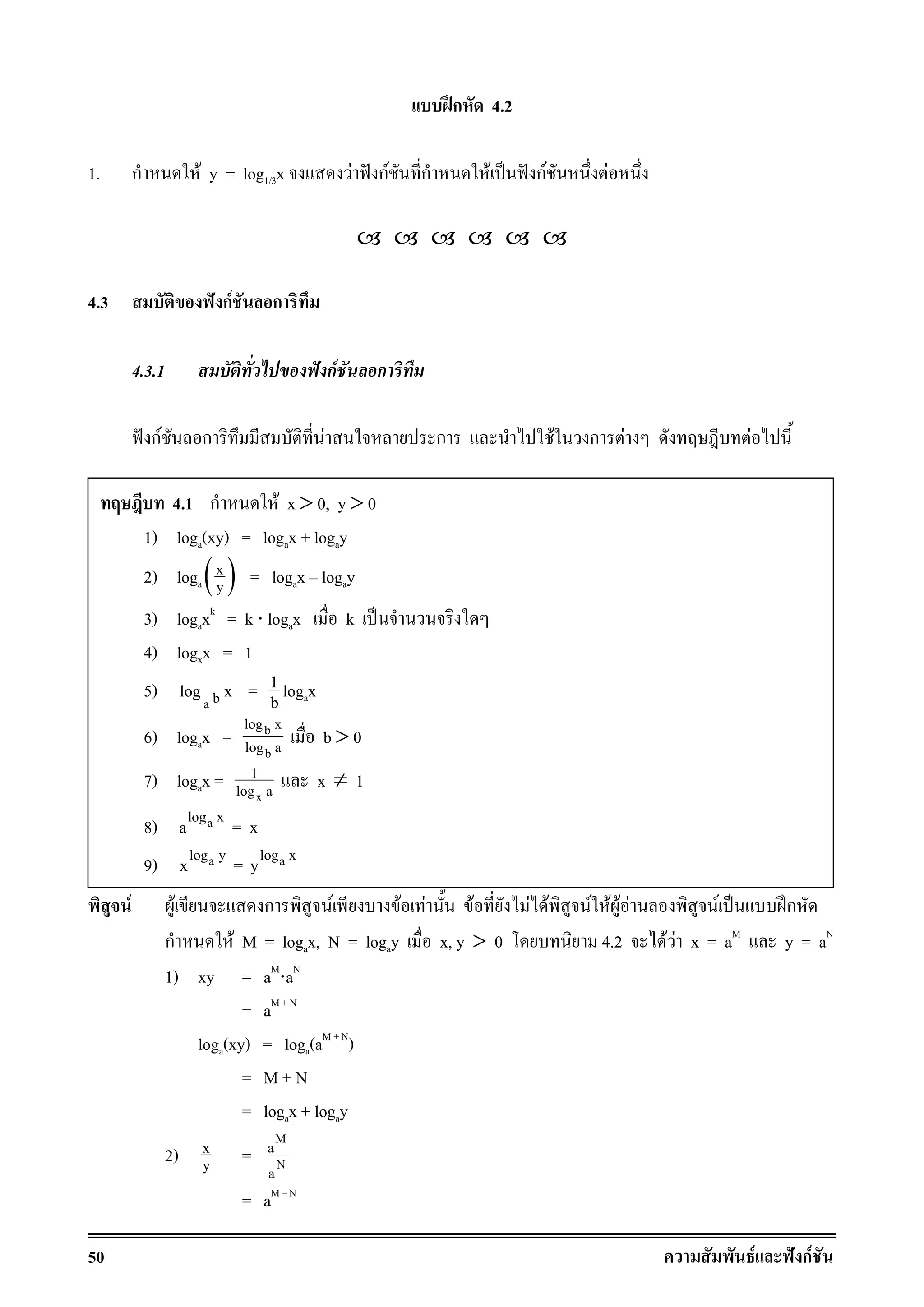 50 F ˆ กF
ʿก 4.2
1. ก F y = log1/3x F ˆ กF ก F ˈ ˆ กF F
4.3 ˆ กF ก
4.3.1 ˆ กF ก
ˆ กF ก F ก F ก F F
F F ก F F F F F F F F F F F ˈ ʿก
ก F M = logax, N = logay x, y > 0 4.2 F F x = aM
y = aN
1) xy = aM
⋅aN
= aM + N
loga(xy) = loga(aM + N
)
= M + N
= logax + logay
2) x
y =
M
N
a
a
= aM N
4.1 ก F x > 0, y > 0
1) loga(xy) = logax + logay
2) loga( )x
y = logax logay
3) logaxk
= k ⋅ logax k ˈ
4) logxx = 1
5) a blog x = 1
b logax
6) logax = b
b
log x
log a b > 0
7) logax =
x
1
log a x ≠ 1
8) alog x
a = x
9) alog y
x = alog x
y
 
