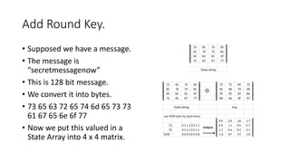 Add Round Key.
• Supposed we have a message.
• The message is
“secretmessagenow”
• This is 128 bit message.
• We convert it into bytes.
• 73 65 63 72 65 74 6d 65 73 73
61 67 65 6e 6f 77
• Now we put this valued in a
State Array into 4 x 4 matrix.
 
