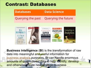 Contrast: Databases
Databases Data Science
Querying the past Querying the future
Business intelligence (BI) is the transformation of raw
data into meaningful and useful information for
business analysis purposes. BI can handle enormous
amounts of unstructured data to help identify, develop
and otherwise create new strategic business
 