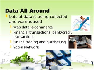 Data All Around
 Lots of data is being collected
and warehoused
 Web data, e-commerce
 Financial transactions, bank/credit
transactions
 Online trading and purchasing
 Social Network
 